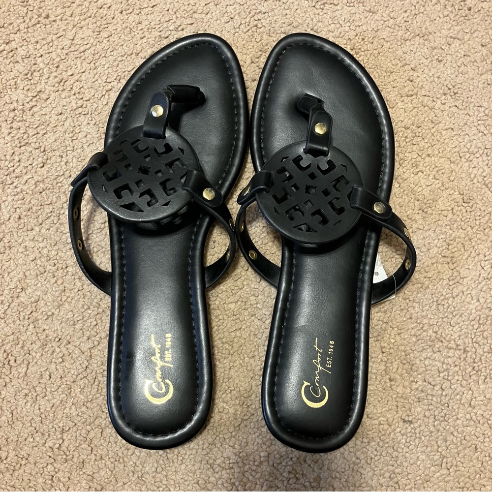 Cato Sandals 10 Black Thong Slip On Flats Faux Leather Studded Casual *NWT*